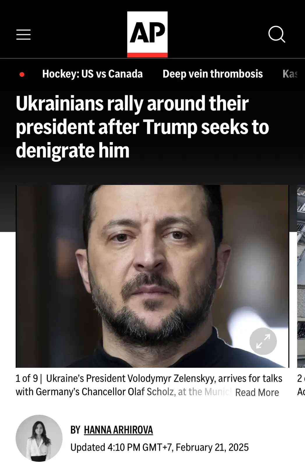 A screenshot of an Associated Press news article shows a close-up photo of Ukrainian President Volodymyr Zelenskyy. The…