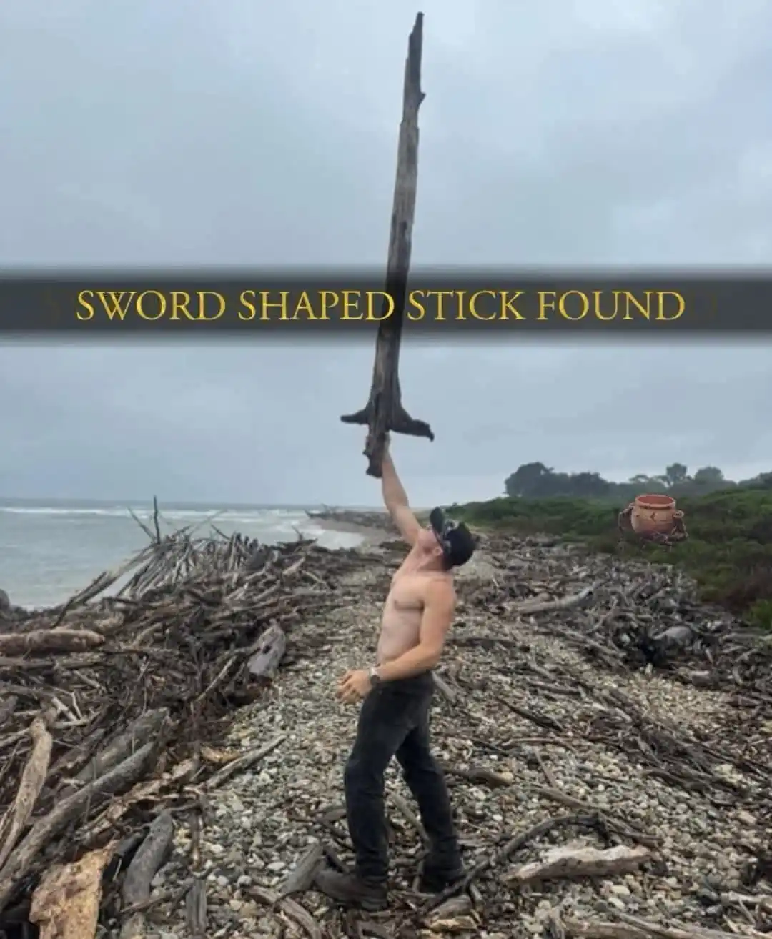 A shirtless man stands on a beach covered in driftwood, holding up a long, weathered stick that vaguely resembles a sword. A…