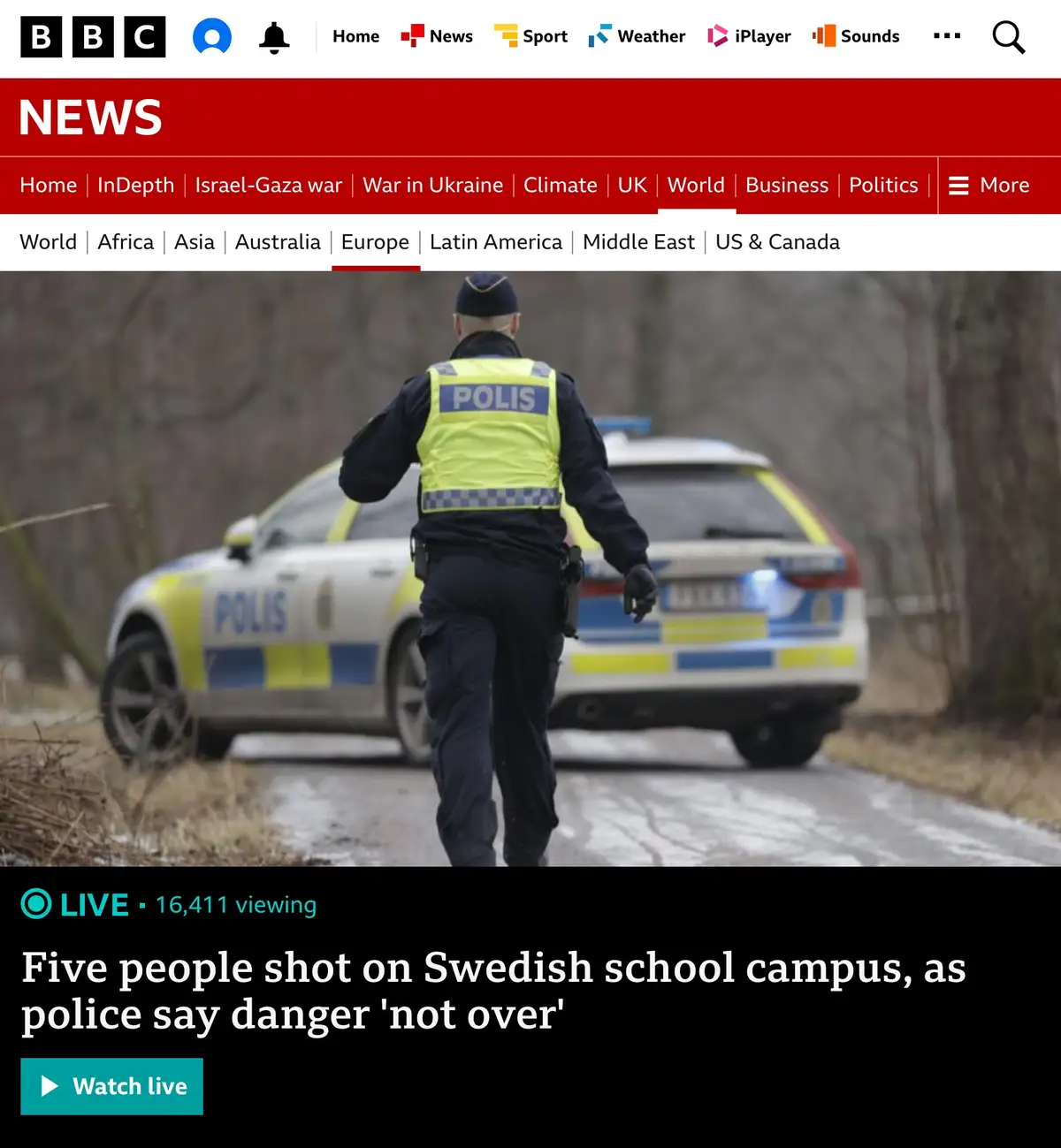 A BBC News screenshot shows a Swedish police officer walking away from a police car, both marked 'POLIS'. The headline below…