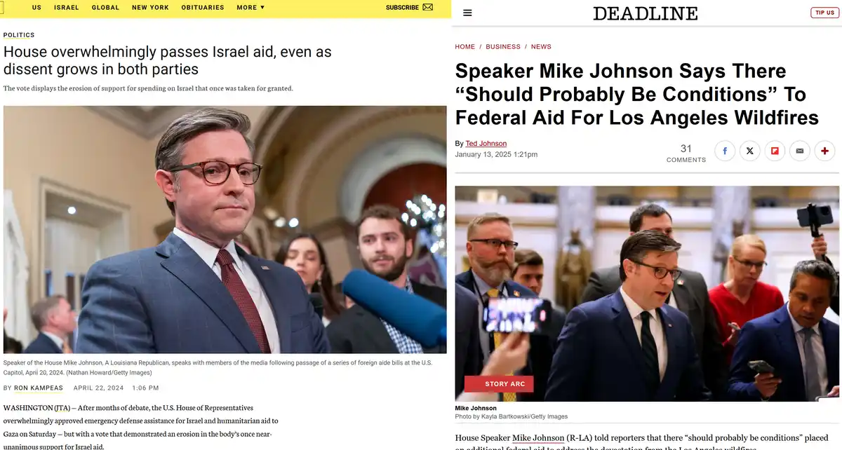 The image displays two side-by-side news articles featuring U.S. House Speaker Mike Johnson. The left article, from JTA…