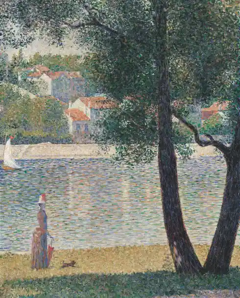 A pointillist painting depicts a woman in a long dress and a red hat standing by a riverbank with a small dog, overlooking…
