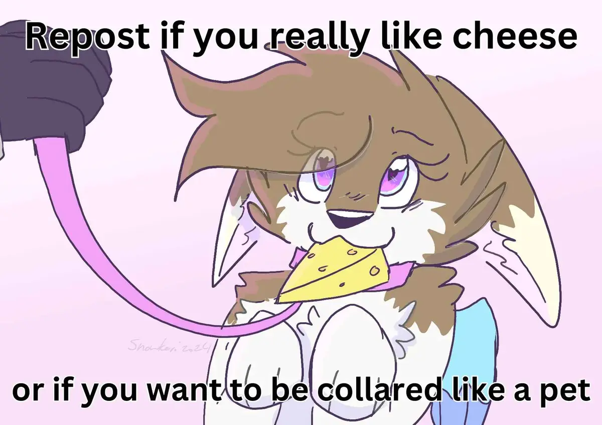 An anime-style anthropomorphic cat with brown and white fur, purple eyes, and a pink collar is happily eating a wedge of…
