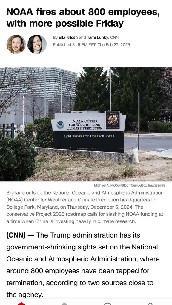 A screenshot of a CNN news article about NOAA firing 800 employees, overlaid with the headline text. The image shows the…