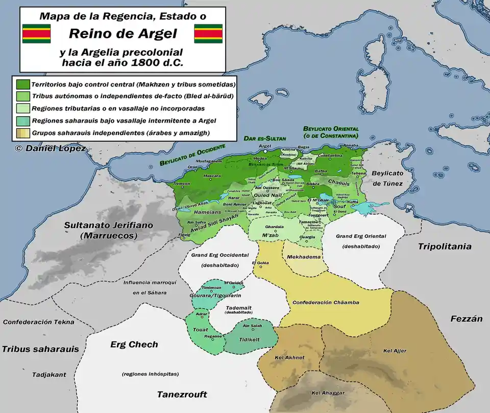 A historical map titled 'Mapa de la Regencia, Estado o Reino de Argel y la Argelia precolonial hacia el año 1800 d.C.' shows…