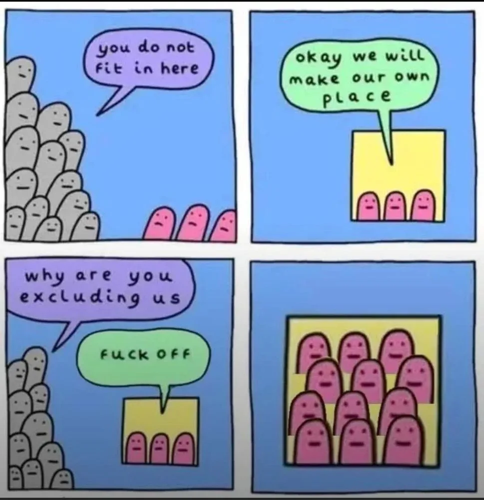 A four-panel comic strip shows pink figures being told they don't fit in with a crowd of gray figures. The pink figures then…