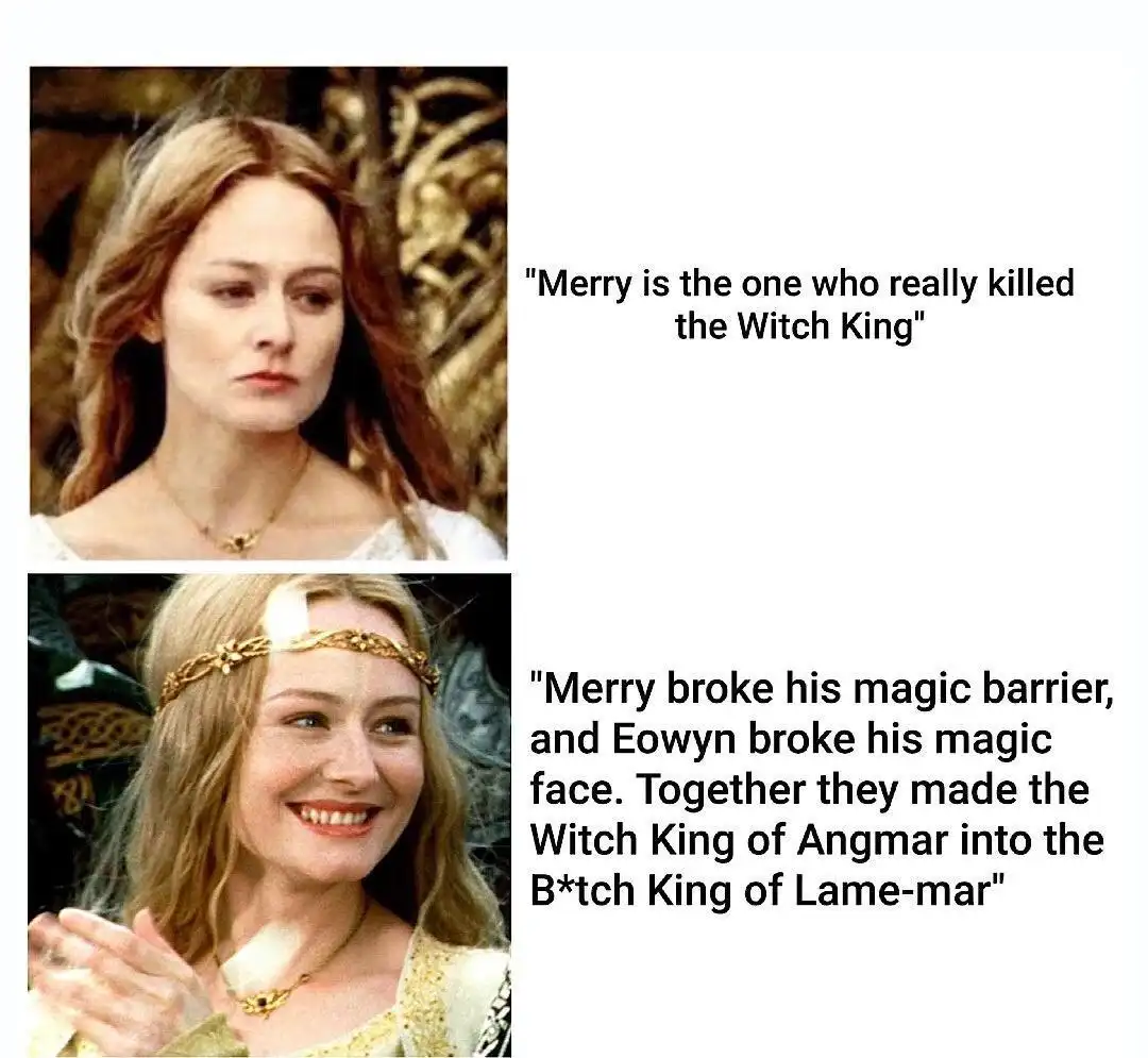 Two-panel meme featuring actress Miranda Otto as Eowyn from 'The Lord of the Rings'. Top panel shows her with a stern…