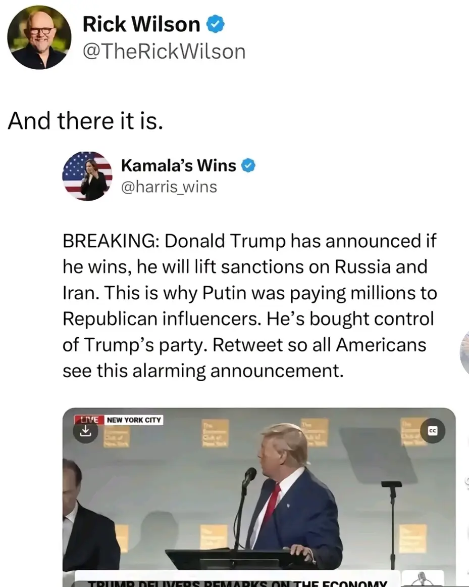 A screenshot of a tweet from Rick Wilson showing a tweet from 'Kamala's Wins' that falsely claims Donald Trump will lift…