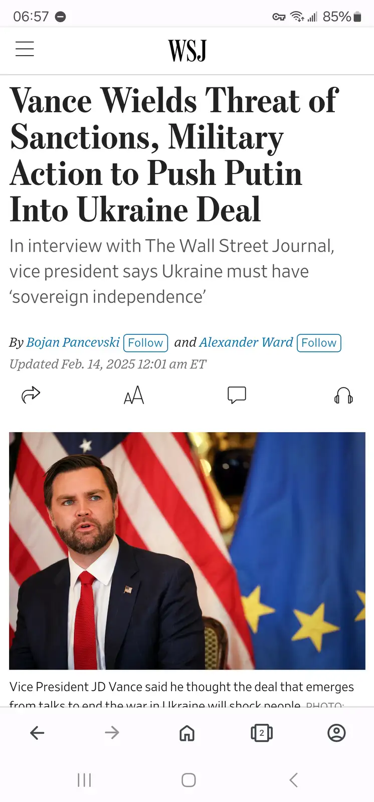 A screenshot of a Wall Street Journal article about Vice President JD Vance, showing him in a suit with an American flag and…
