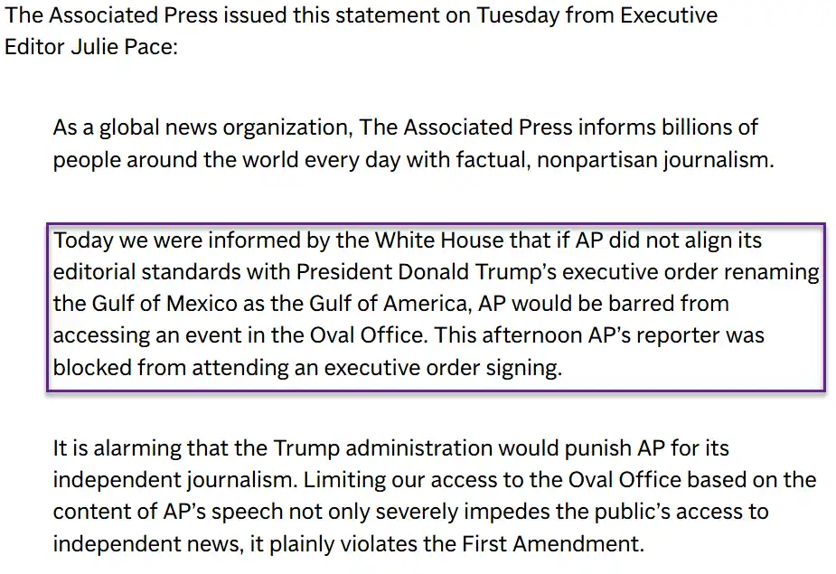 A screenshot of a statement from The Associated Press Executive Editor Julie Pace, detailing how the White House blocked AP…