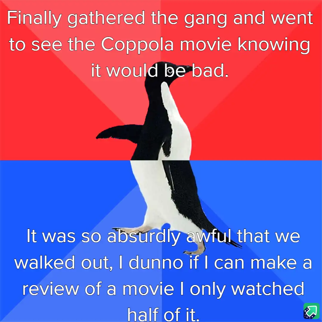 A penguin stands centered against a red and blue background, split horizontally. White text overlays the image in two…