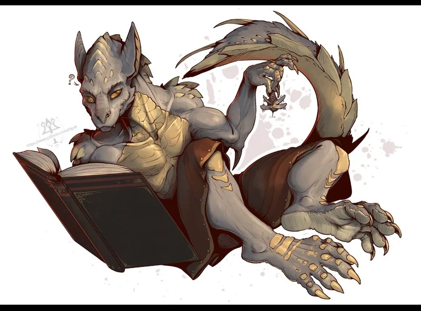 A gray-scaled dragon-like creature with yellow eyes and spiky horns is lounging while reading a large, open book. Its tail…