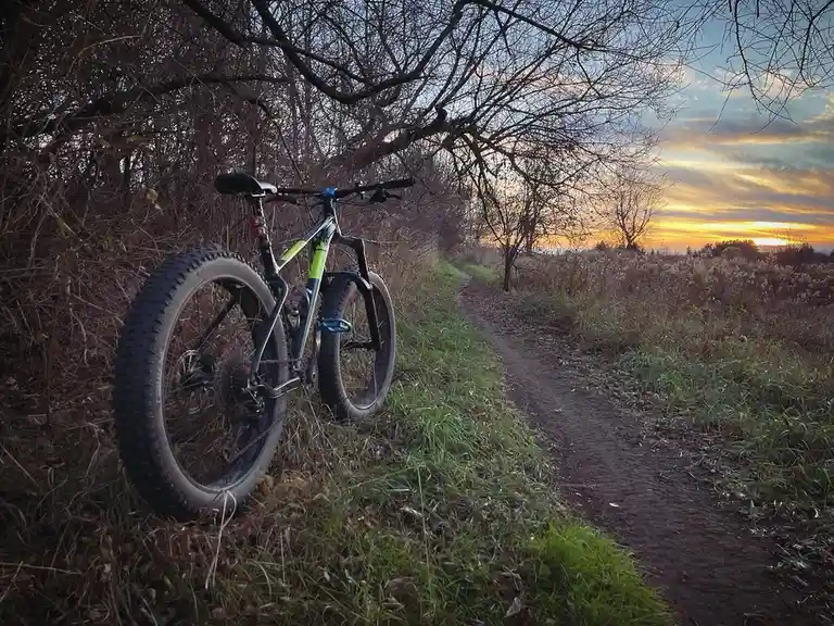 A fat-tire mountain bike stands upright on a grassy verge beside a dirt trail, with bare trees framing a sunset sky. The…