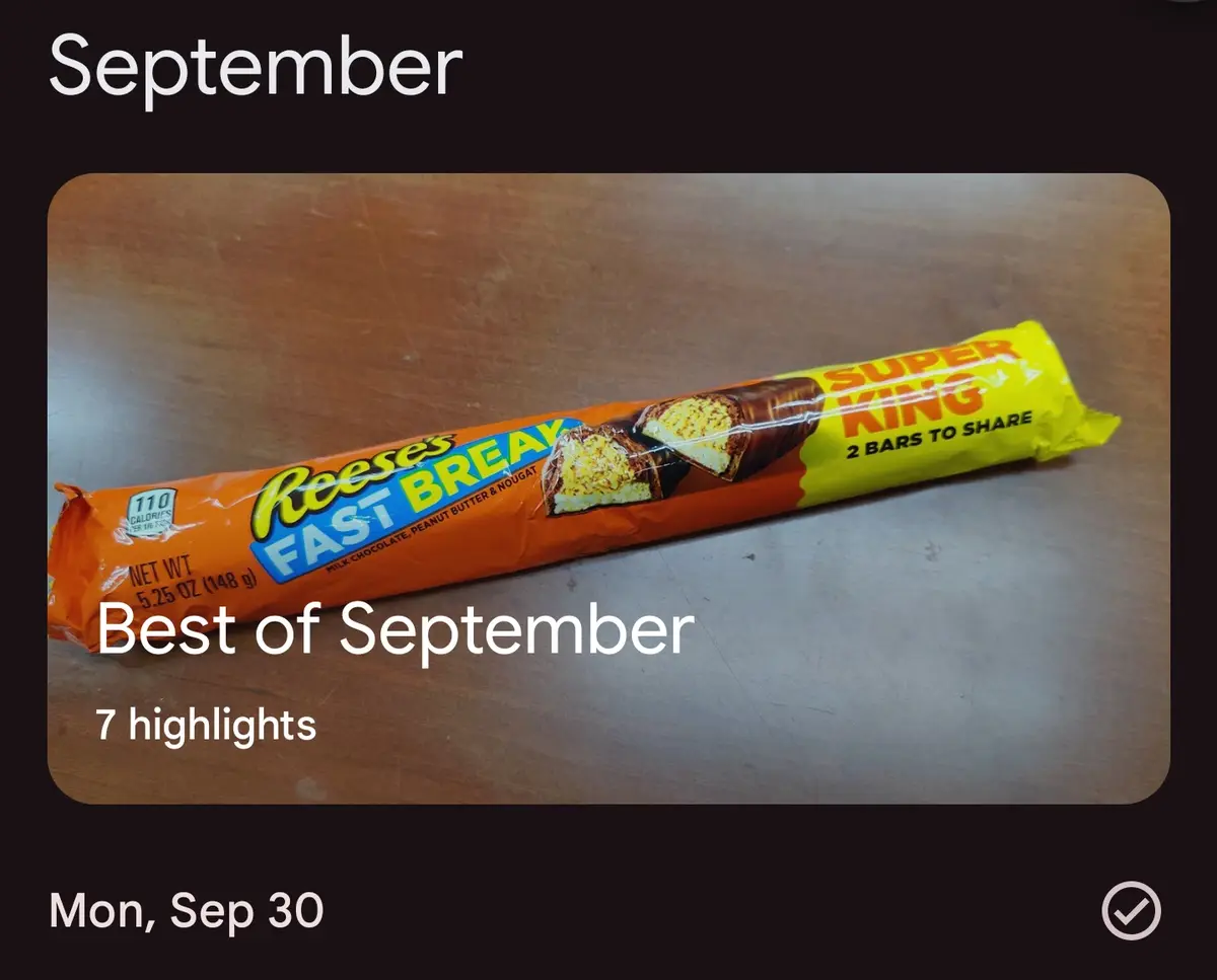 A Reese's Fast Break Super King candy bar package lies on a wooden surface, overlaid with text reading 'September', 'Best of…