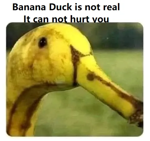 A close-up image of a banana with a duck's beak and eye drawn on it, resembling a duck made of banana. Overlaid text in bold…