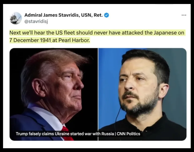 A screenshot of a tweet by Admiral James Stavridis, USN, Ret. shows two side-by-side photos: Donald Trump on the left and…