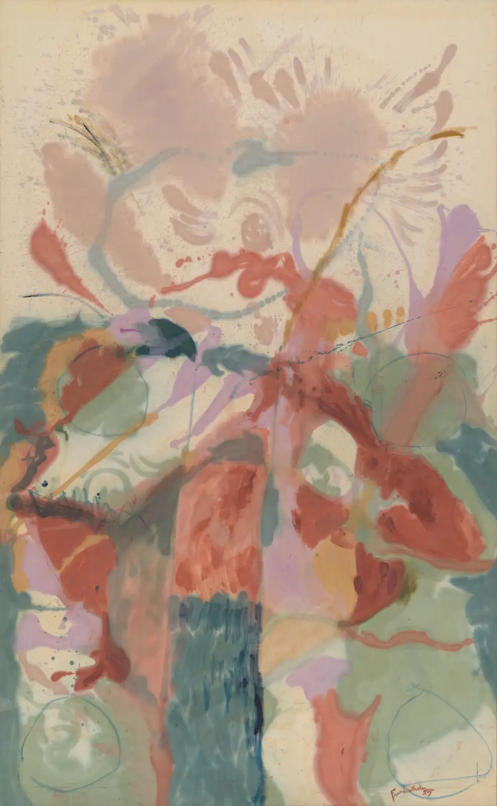 An abstract expressionist painting by Helen Frankenthaler from 1957, featuring layered washes of pink, red, blue, and green…