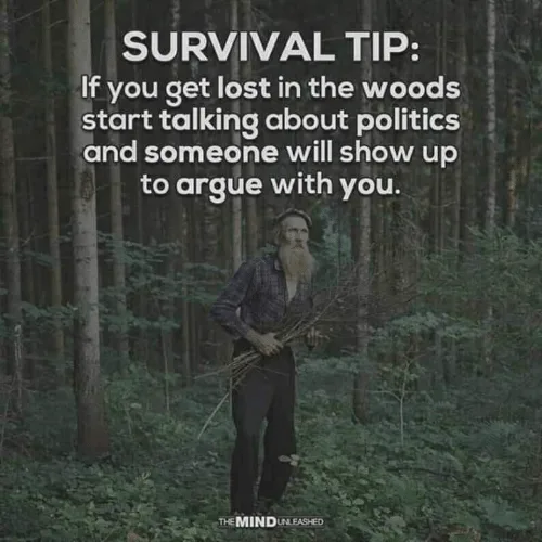 A man with a long beard and plaid shirt stands in a dense forest holding sticks. White text overlaid on the image reads…