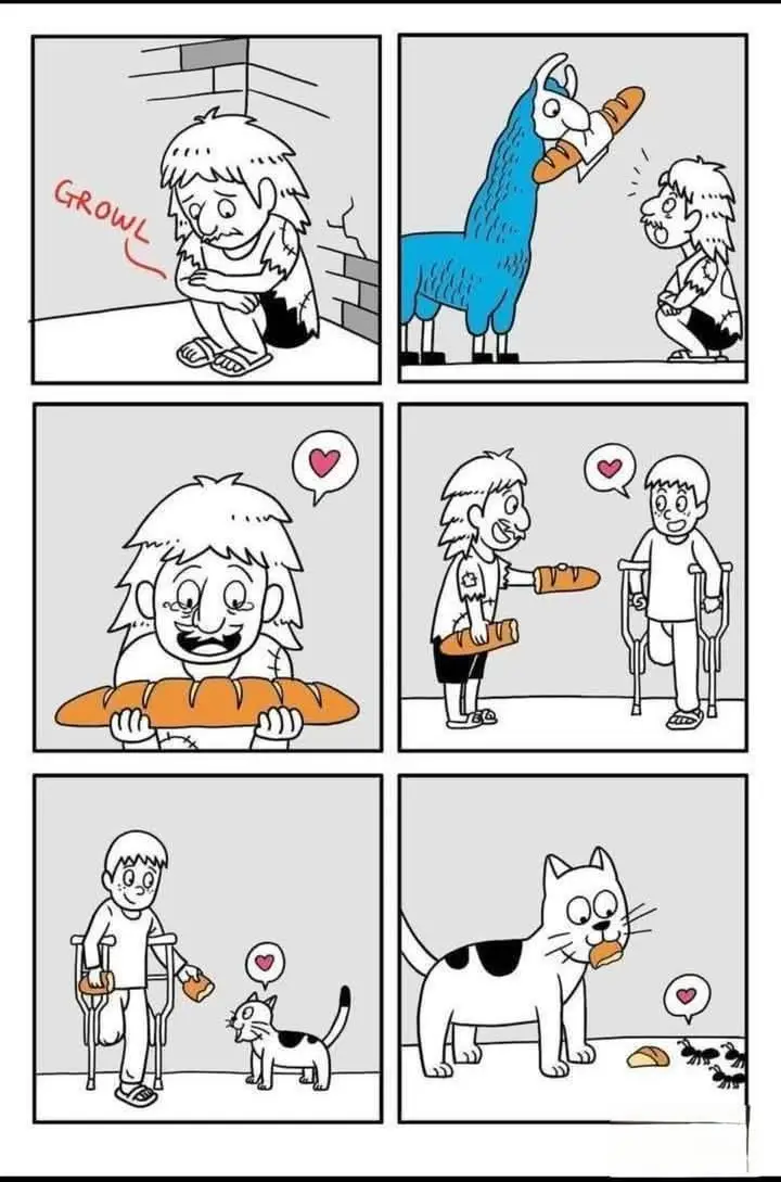 A six-panel comic strip shows a homeless person growling at a blue llama holding bread, then happily receiving bread from a…