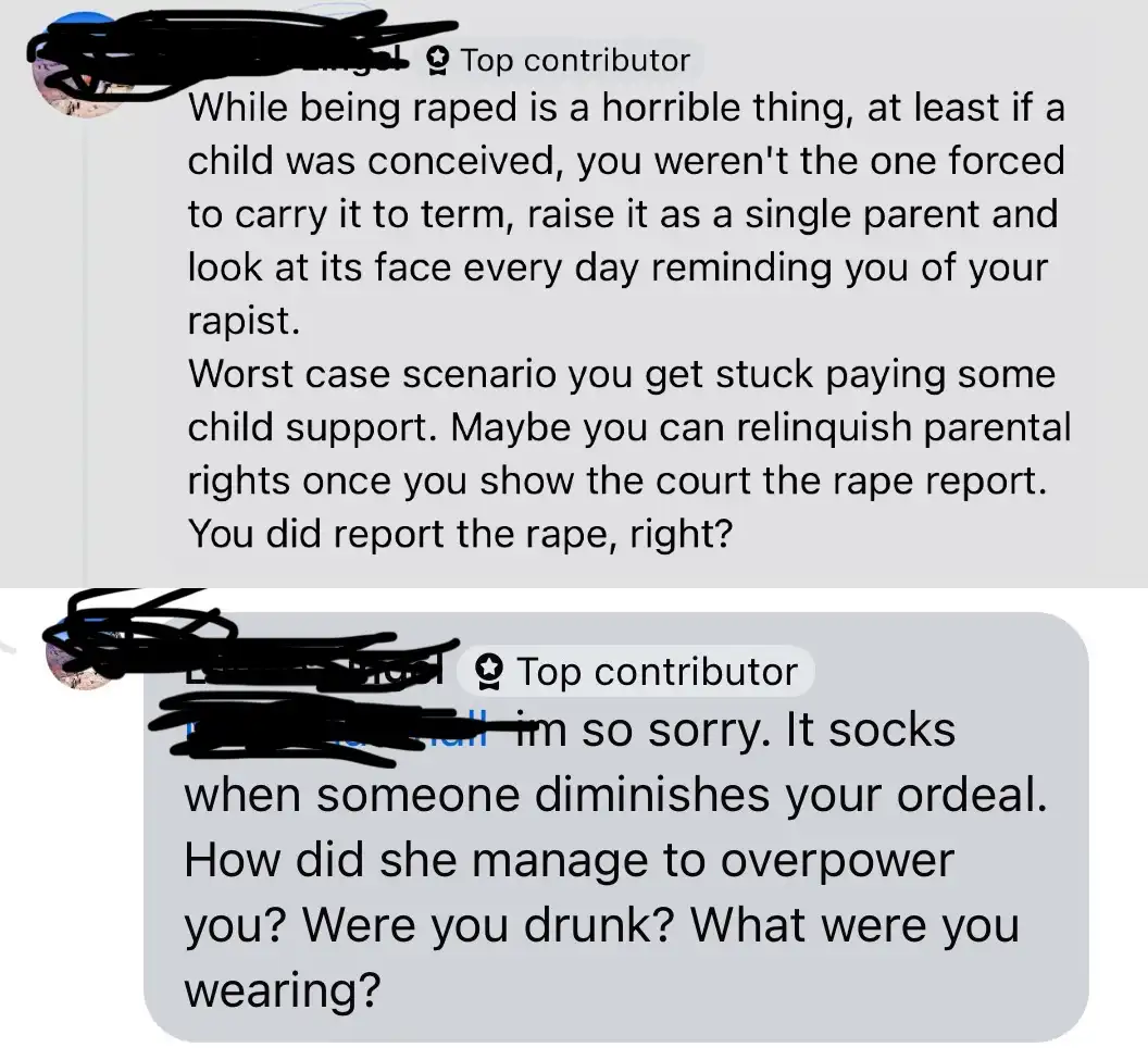 A screenshot of a text conversation shows a 'Top contributor' offering a cold, detached, and deeply inappropriate…