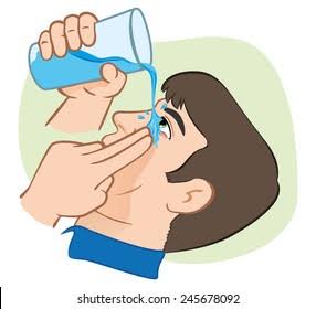A cartoon illustration shows a person pouring blue liquid from a glass into their own eye while holding their nose. The…