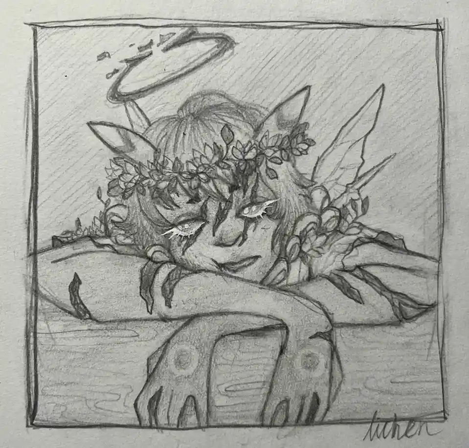 A pencil sketch of a melancholic, plant-like humanoid figure with leafy hair, pointed ears, and a halo, resting their head…