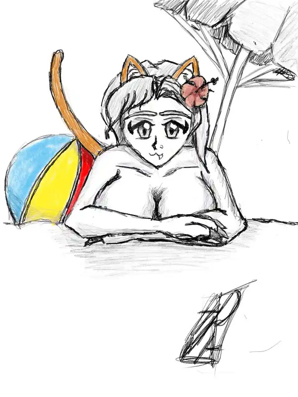 A hand-drawn anime-style girl with cat ears and a tail lounges on the sand next to a colorful beach ball, looking relaxed…