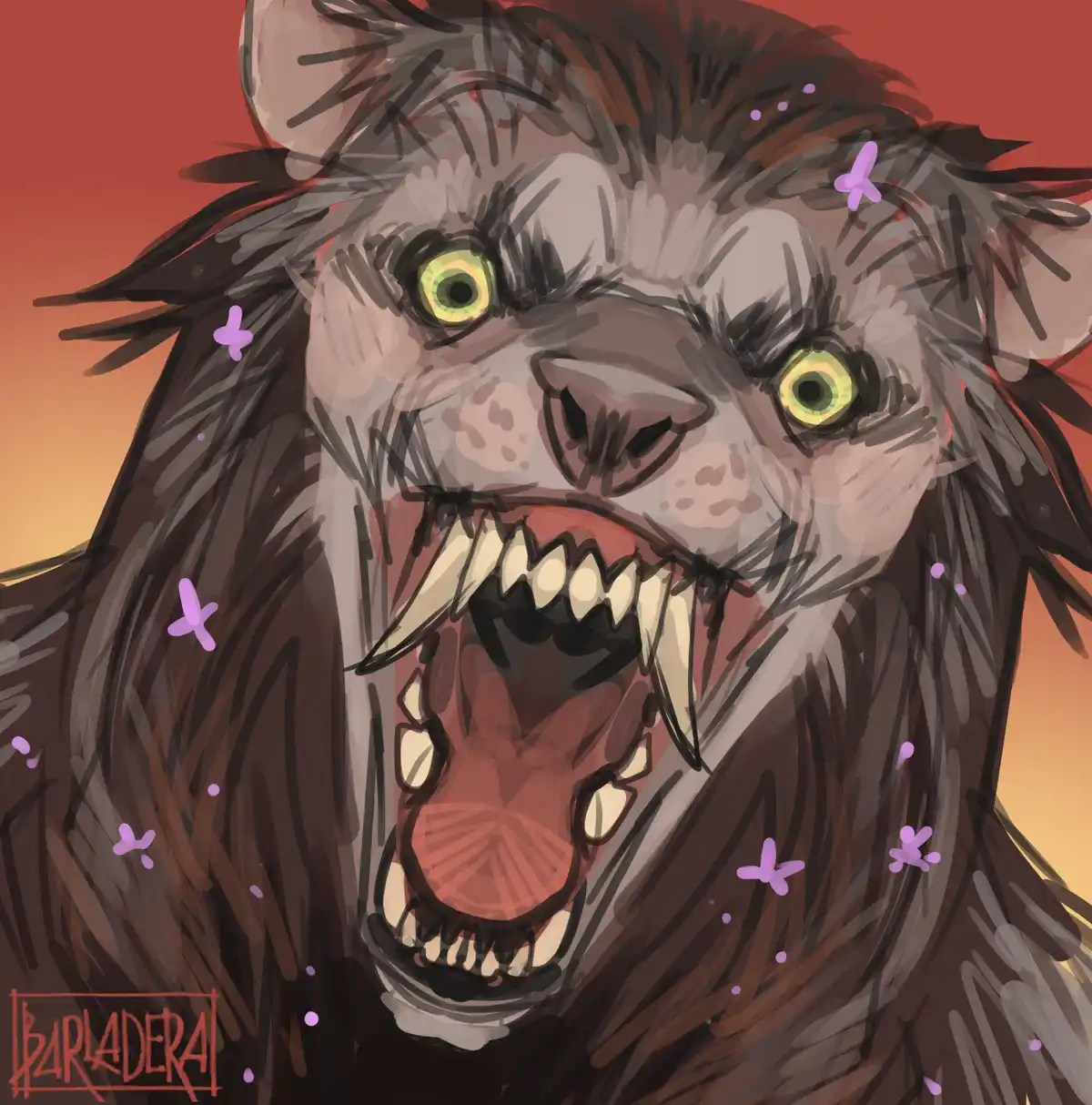 A digitally painted close-up of a snarling, furry beast with glowing green eyes, bared fangs, and a wide-open mouth, set…