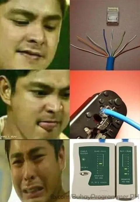 A six-panel meme showing a man's escalating expressions of sadness and frustration, paired with images of a network cable, a…