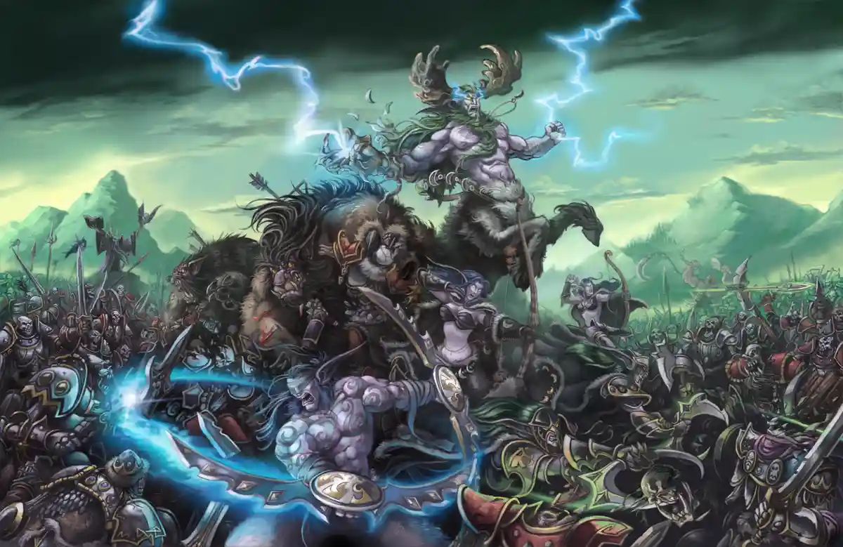 A chaotic fantasy battle scene depicts a massive, muscular, horned deity with green hair and lightning bolts surrounding…
