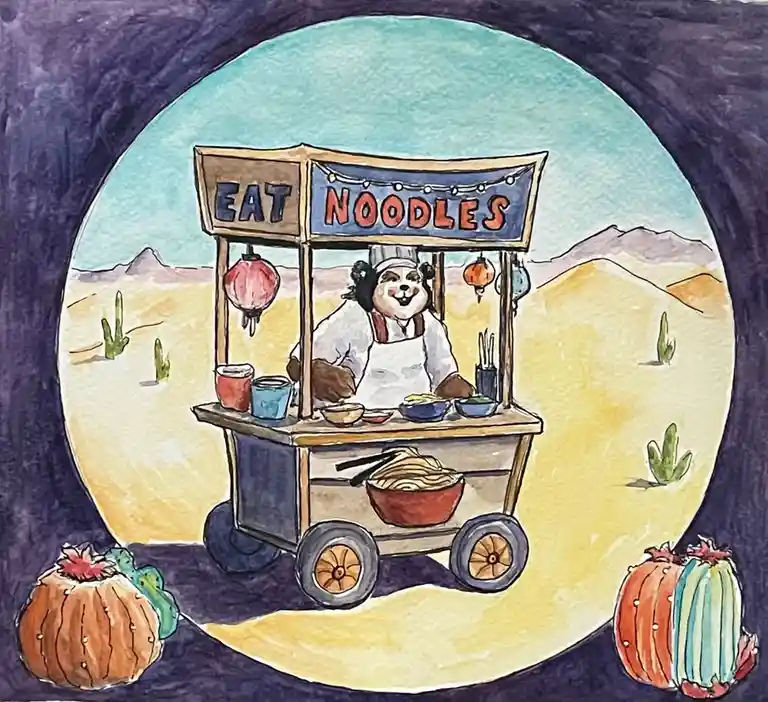 A cartoon panda wearing a chef's hat and apron stands behind a noodle food cart in a desert landscape with cacti and…