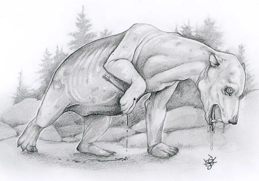 A pencil sketch depicts a bear-like creature with a human torso and arms, holding a bow and arrow while standing on all…