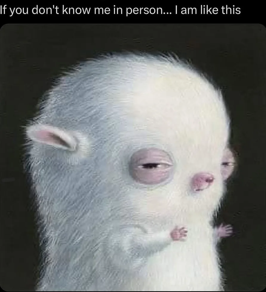 A digitally rendered image of a small, white, furry creature with large, droopy eyes, a tiny pink nose, and small ears…