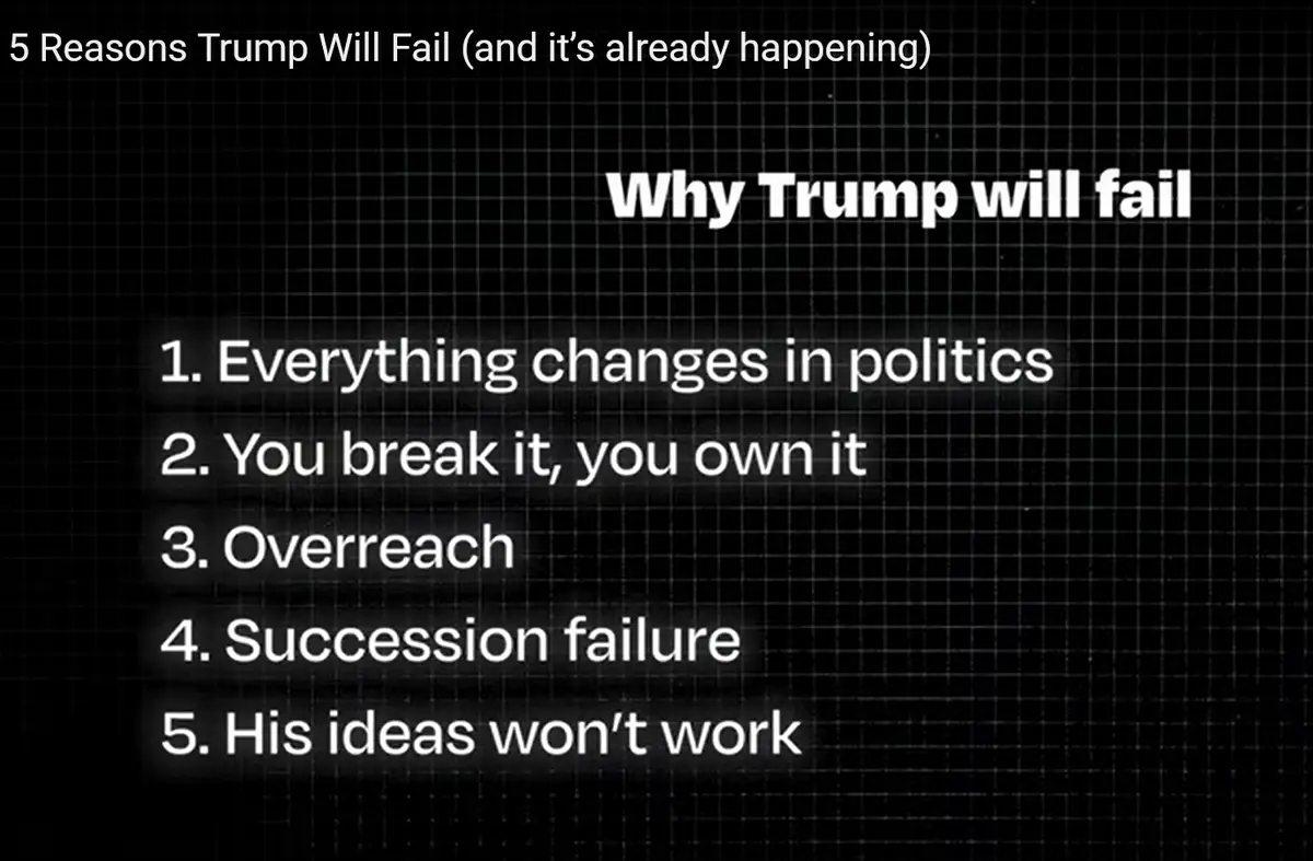 A black grid background displays white text listing '5 Reasons Trump Will Fail (and it's already happening)' with a main…
