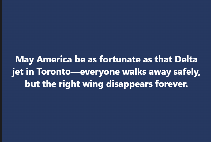 A solid dark blue background with white text centered that reads: 'May America be as fortunate as that Delta jet in…