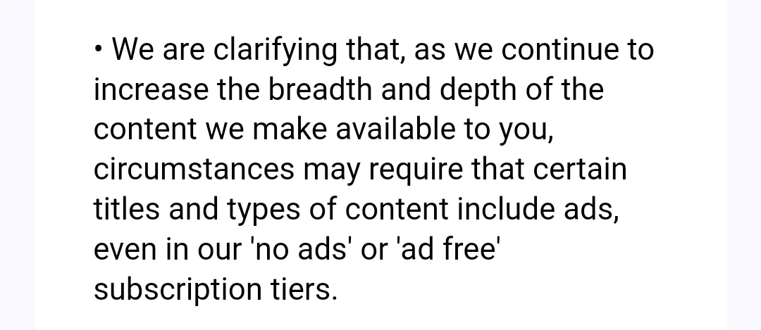 A plain white background with black text that reads a corporate disclaimer about ads appearing even in 'no ads' or 'ad free'…