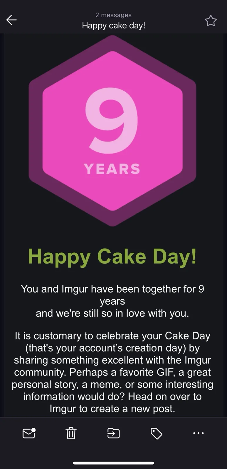 A screenshot of an Imgur app notification celebrating a user's 9-year anniversary with the platform, featuring a pink…