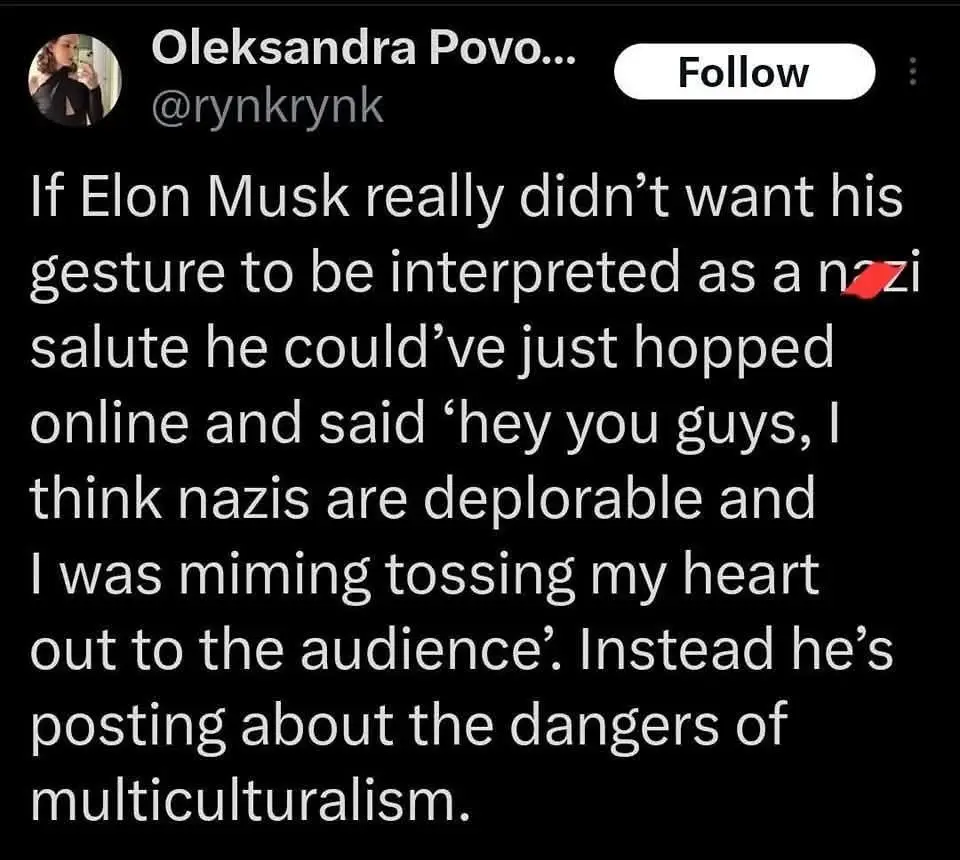 A screenshot of a tweet by Oleksandra Povo (@rynkrynk) criticizing Elon Musk for not clarifying his gesture. The text argues…