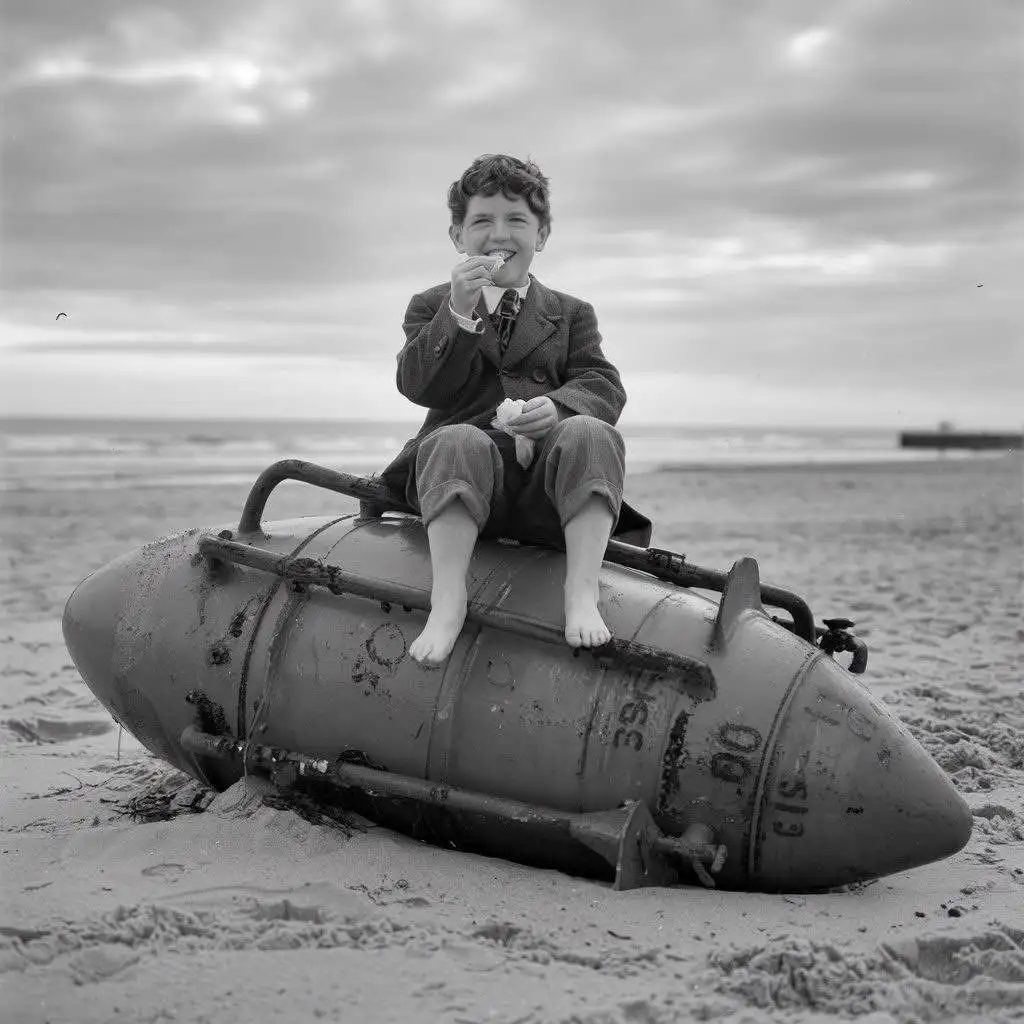 A Boy Relishes His Ice Cream on a Sea Mine at Deal Beach, February 1940