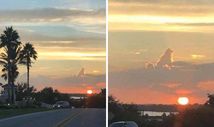 The image is a side-by-side comparison of two sunsets. The left panel shows a typical sunset with palm trees and a car on a…