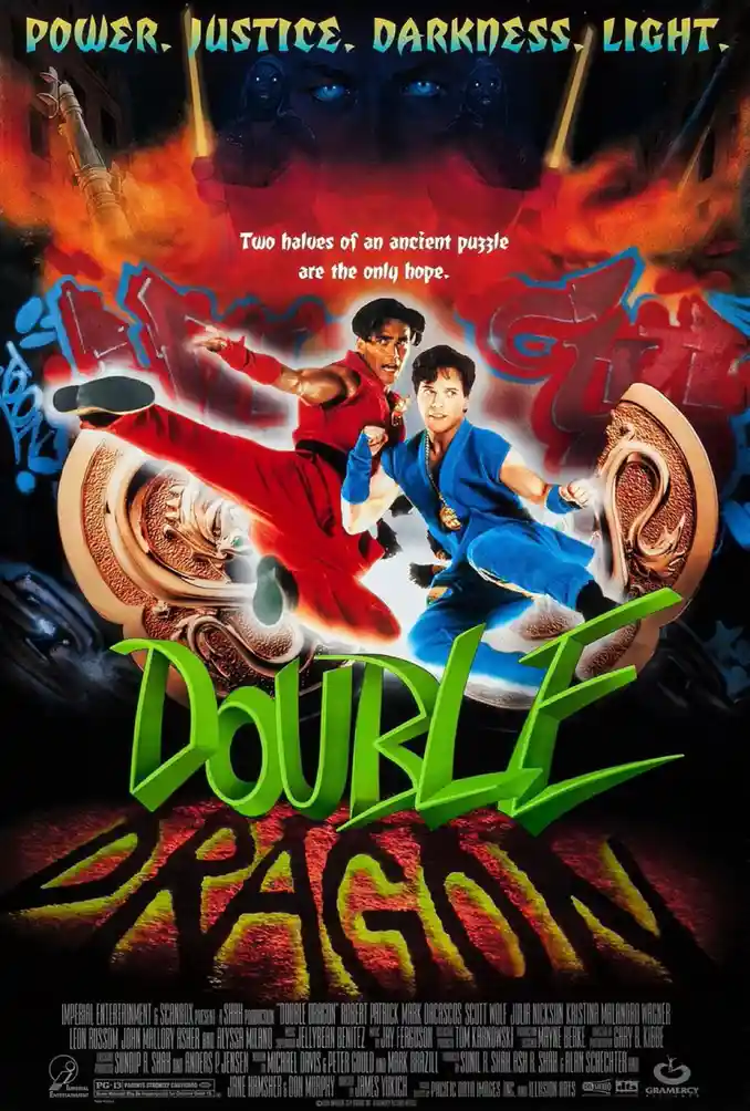 This is the movie poster for 'Double Dragon,' featuring two men in red and blue martial arts uniforms posing dynamically…