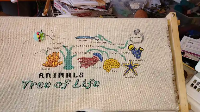 A cross-stitch artwork on beige fabric depicts a simplified 'Tree of Life' with branches labeled with animal phyla like…