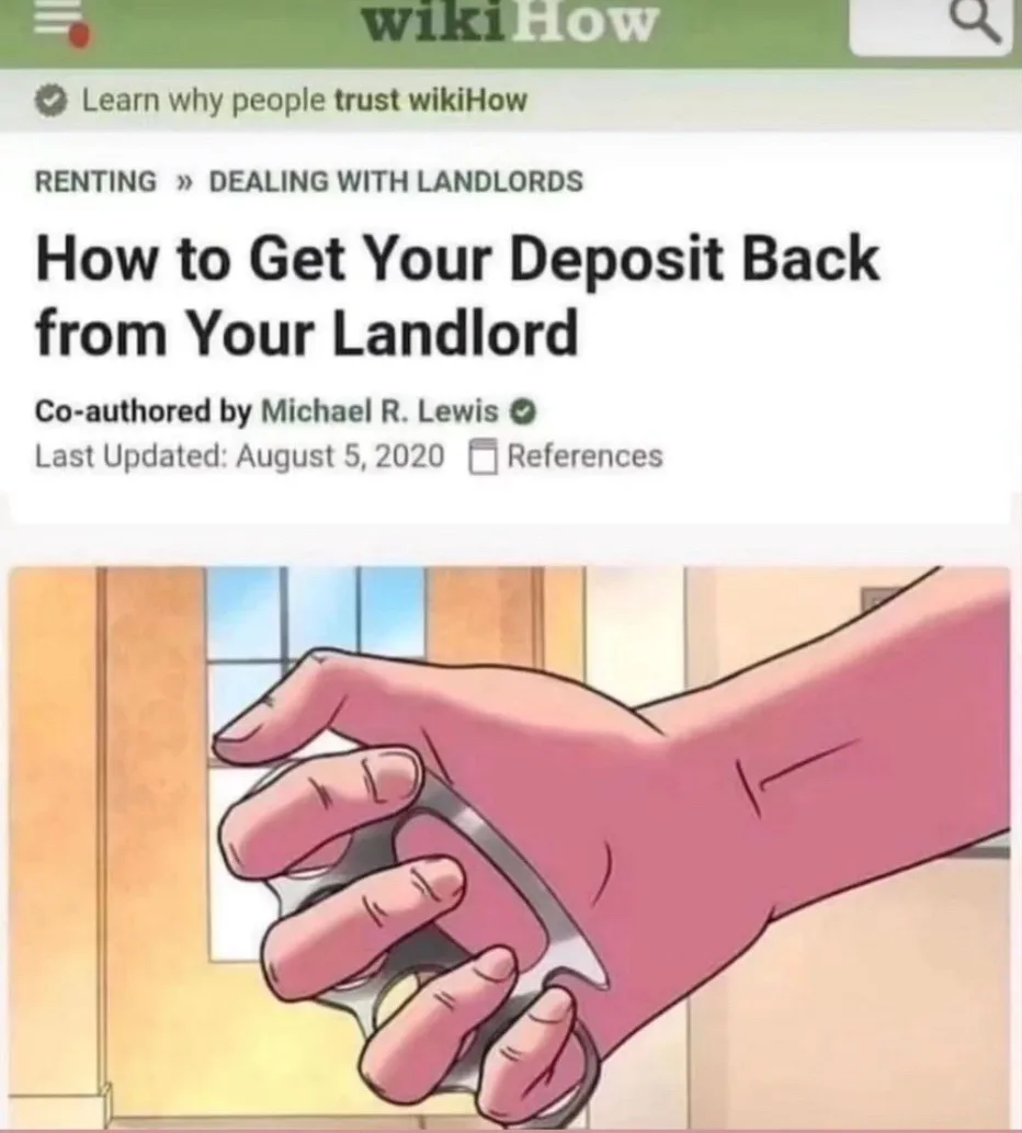 The image shows a wikiHow webpage titled 'How to Get Your Deposit Back from Your Landlord,' featuring an illustration of a…
