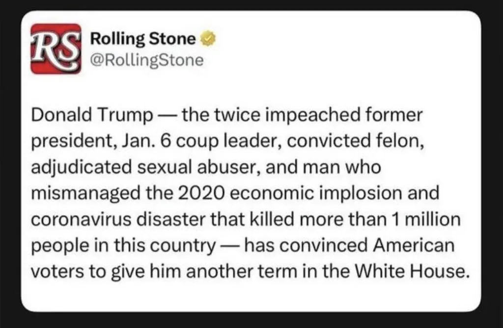 A screenshot of a Rolling Stone tweet listing numerous negative labels and accusations against Donald Trump, including…