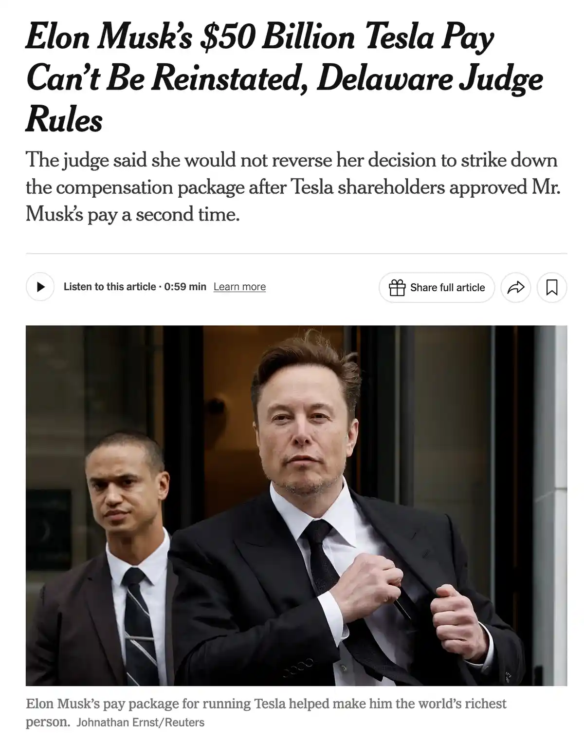 A screenshot of a news article about Elon Musk's $50 billion Tesla pay package being struck down by a Delaware judge. The…