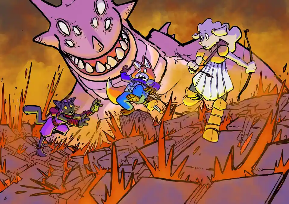 A cartoon-style illustration shows three anthropomorphic characters fighting a giant, multi-eyed purple dragon in a fiery…
