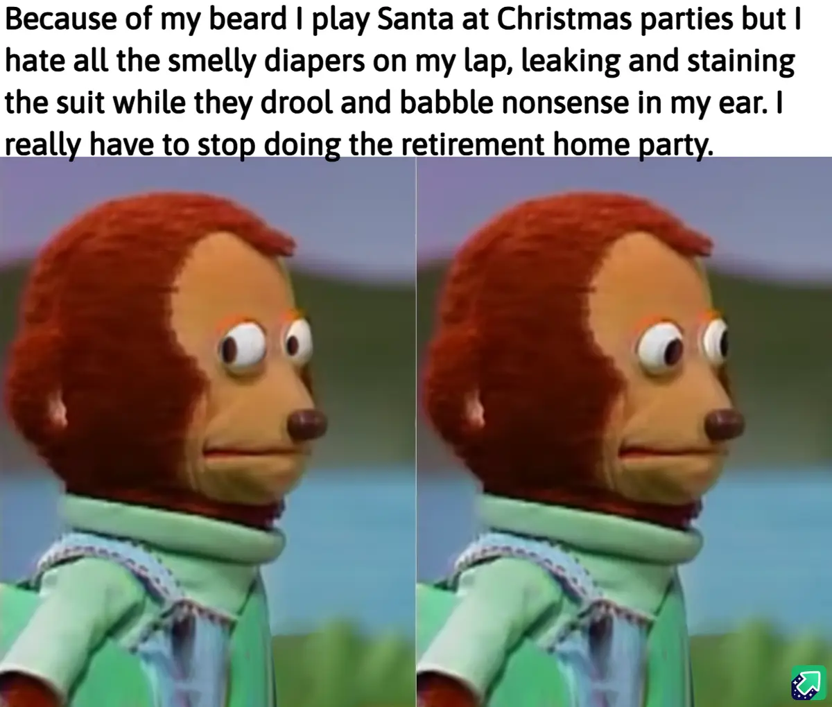 The image shows a split-screen of a brown-furred, puppet-like monkey with large eyes and a light green outfit, looking…