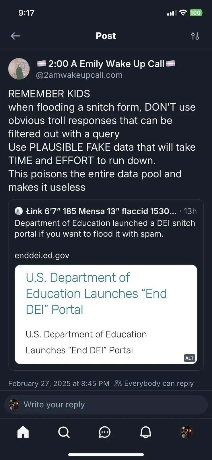A screenshot of a social media post from '2:00 A Emily Wake Up Call' advising users to use plausible fake data instead of…