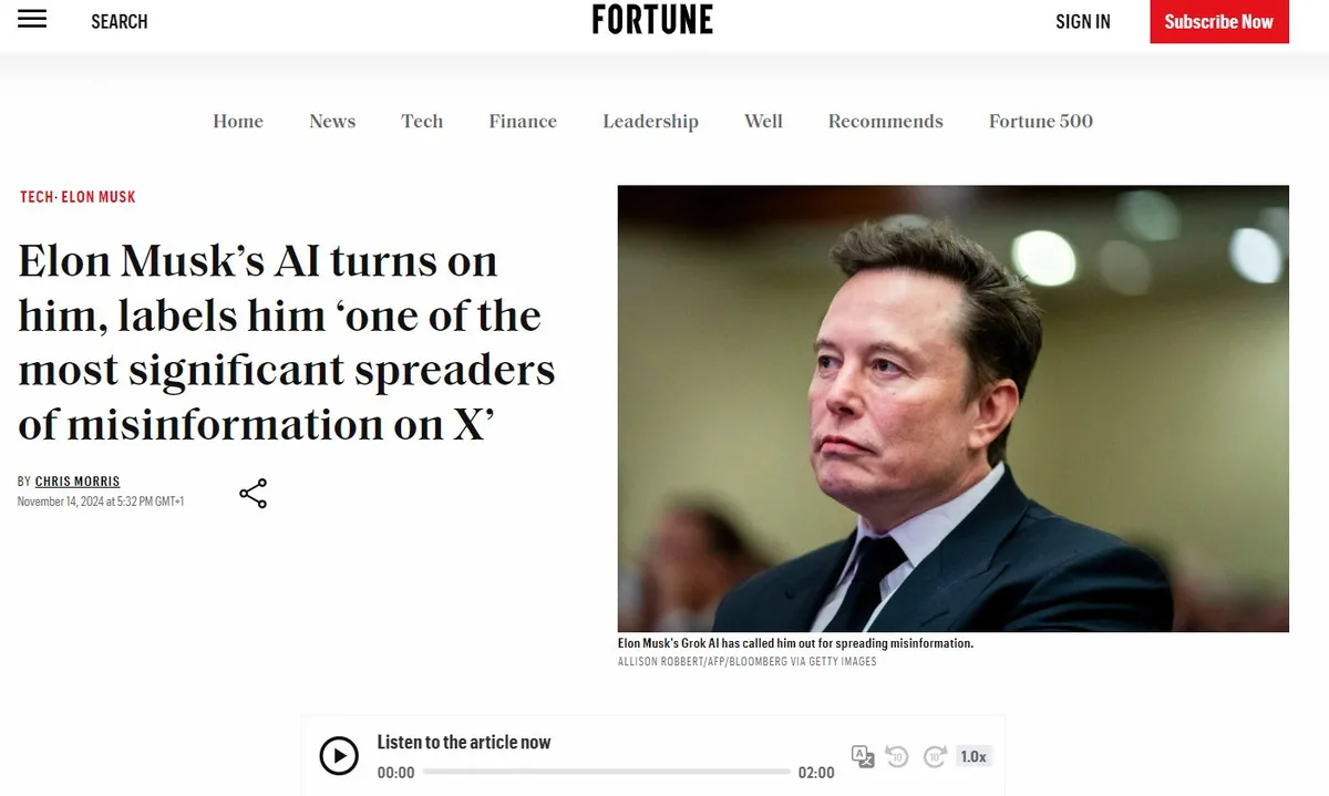 A screenshot of a Fortune article with a photo of Elon Musk looking serious, overlaid with the headline 'Elon Musk's AI…