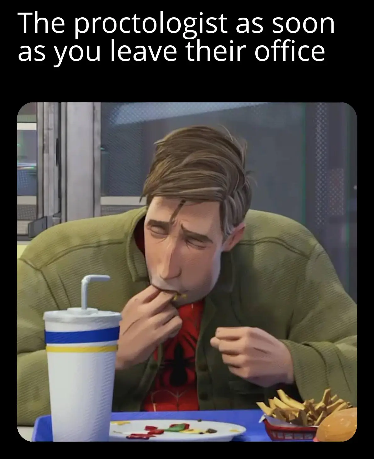An animated man in a green jacket and red shirt sits at a blue table, eating fries with a look of intense discomfort or…