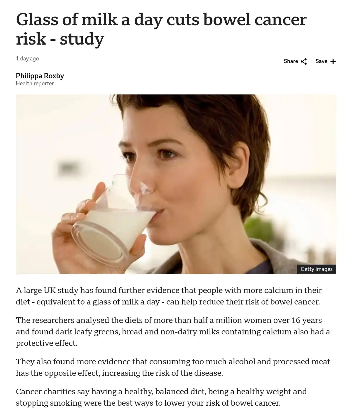 A woman with short dark hair is shown drinking milk from a clear glass. The image is overlaid with the headline 'Glass of…